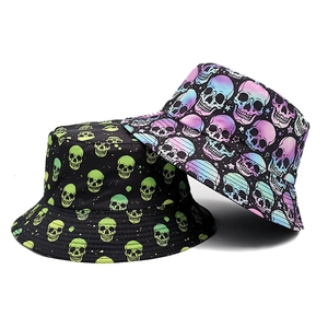 Unisex Skull Printed Bucket Hat Polyester Streetwear Sun Hat For Outdoor Travel Reversible Fisherman Cap For Men Women