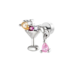 Minimalist cocktail glass earring with colorful gemstones and pink teardrop pendant