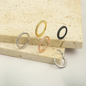 Stainless steel hinged nose rings with crystals in silver gold black and rose gold finishes
