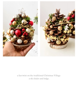 Close-up of a mini pine cone Christmas tree with festive gold and red ornaments