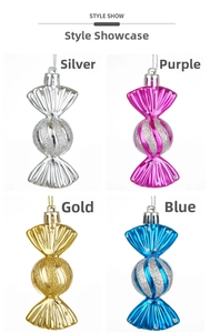 Detailed view of candy-shaped Christmas ornaments with glitter stripes in four colors