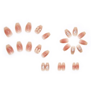 Pink gradient press-on nails with 3D bows, pearls and silver foil in short coffin shape