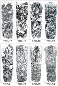 Detailed grid of 8 black and grey full-arm temporary tattoo designs with dragon and tiger