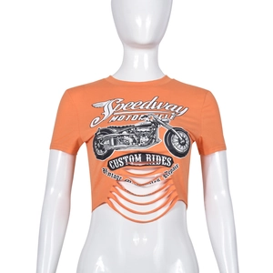 Detail of cropped orange T-shirt with motorcycle print and distressed hollowed hemline