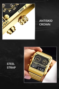 Detail view of gold square analog-digital watch showing antiskid crown and steel strap