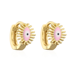 Detailed macro view of 18K gold plated hoop earrings with pink evil eye and sunray design