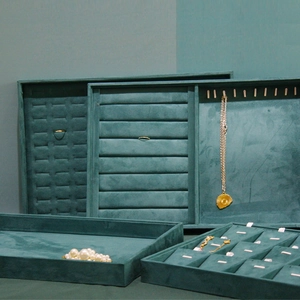 Elegant dark green velvet jewelry tray set for organizing rings and necklaces