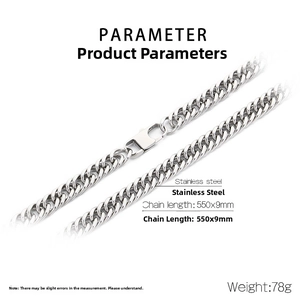 Detailed view of 9mm stainless steel curb chain with dimensions and weight specs
