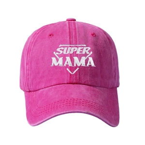 Fuchsia washed cotton baseball cap featuring Super Mama embroidery on white background