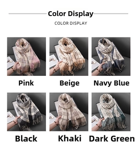 Collage of six classic striped plaid scarves with tassels in various warm colors