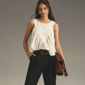 Women Tank Top Pleated V-Yoke Sleeveless Round Neck Solid Color Casual Summer Loose Fit Top