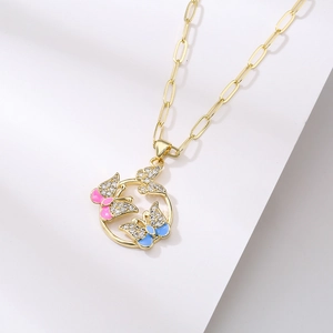 18K gold plated necklace with hollow circular butterfly pendant and paperclip chain