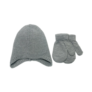 Gray knitted ear-flap beanie hat and mittens set for children in solid color knit