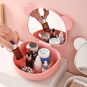 Pink bear-eared makeup organizer with folding mirror and desktop storage compartments