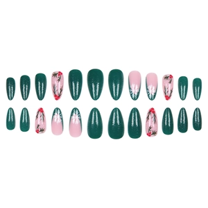 Faux ongles de Noël verts scintillants avec flocons de neige et motifs de baies
