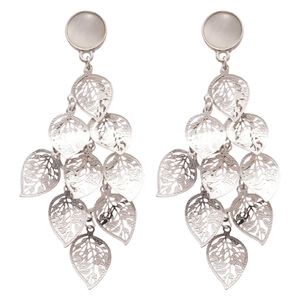 Silver leaf tassel earrings with round opal accents in a dangling drop design