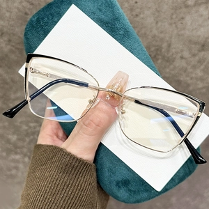 Stylish black and gold cat-eye metal frame glasses with anti-blue light coating