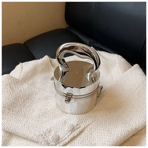 Close-up of silver cylindrical acrylic bag with thick curved metal handle on tweed