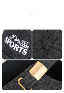 Detail of wool baseball cap with outdoor sports embroidery and metal adjustable buckle