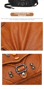 Detail of soft PU leather texture with rivets and metal buckles on the fashion backpack