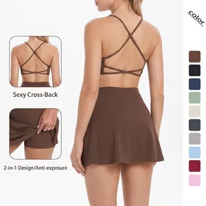 Ensemble de Sport Femme Brassière Dos Croisé et Jupe de Tennis Faux Deux Pièces Yoga Fitness Tenue de Sport Top Et Bottom