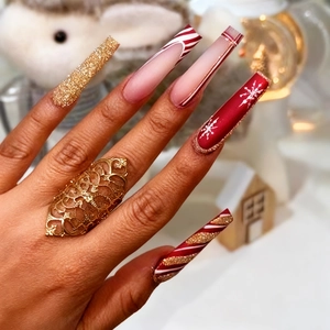 Christmas Press On Nails Long Coffin Plastic Snowflake Glitter French Stripes Fashion Party Holiday For Women With Glue And File