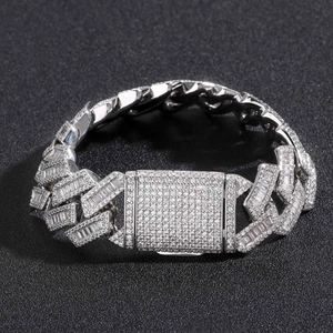 Iced out 20mm silver Cuban link bracelet with clear cubic zirconia stones for men