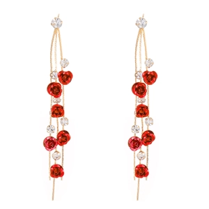 Elegant gold earrings with red 3D roses and long sparkling rhinestone tassels
