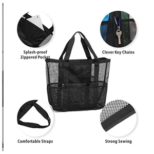Large mesh beach bag with splash-proof pocket, key chains, and reinforced sewing details