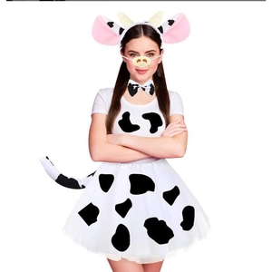Detailed six-piece cow costume set with spotted dress, headband, and tail for parties