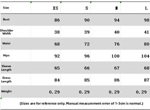Detailed size chart for plaid V-neck dress including bust, waist, and length measurements