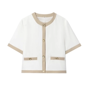 Women short sleeve white tweed jacket with beige contrast trim and gold buttons