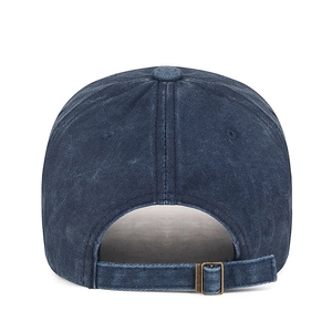 Vintage washed dark blue baseball cap with adjustable metal buckle and six-panel design
