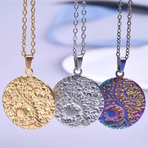 Three 18K gold-plated stainless steel tree of life and yin yang pendants on necklaces