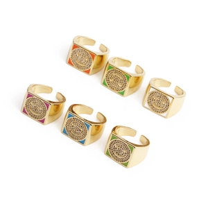 Square Smiley Face Ring Gold Plated Copper Micro Pave Zircon Colorful Enamel Adjustable Open Finger Jewelry