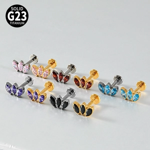 G23 titanium labret studs with marquise-cut colorful zircons in gold and silver finish