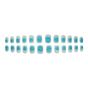 Blue and white ombre gradient short round press-on nails 24pcs set in glossy finish