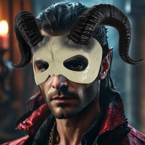 White devil ram horn half face mask for Halloween cosplay with realistic cracked texture