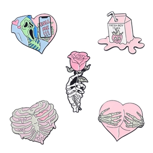 5-piece pink and blue enamel skull and heart brooch set with creative cartoon designs