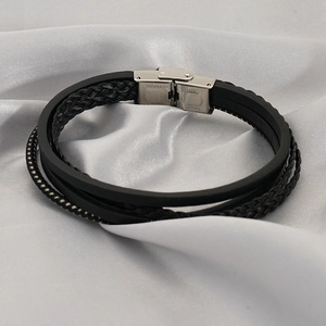 Mehrlagiges schwarzes geflochtenes Lederarmband für Herren mit Edelstahl-Faltschließe