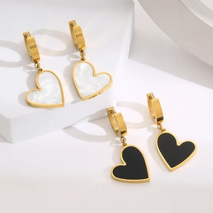 Minimalist gold titanium steel heart earrings with black and white shell inlay