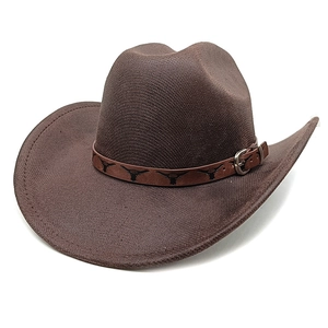 Detail of a brown western hat featuring a decorative belt with longhorn cattle patterns