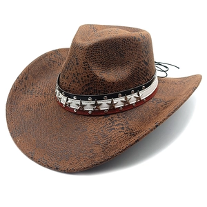 Brauner Cowboyhut mit Schlangenhaut-Prägung und Lederband mit Sternnieten