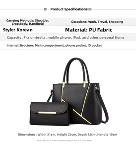 Detail view of black PU leather tote bag set with dimensions and interior pocket layout