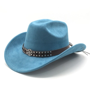Sky blue suede fedora jazz hat with brown studded leather band and gear emblem