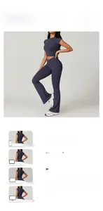 Detail of navy quick-dry yoga set featuring cropped short sleeve top and flare pants