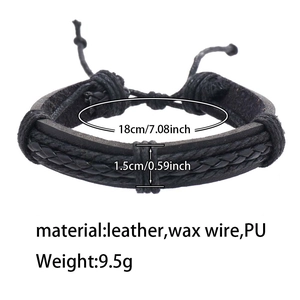 Detail view of multi-layer black woven leather bracelet with 18cm length specifications
