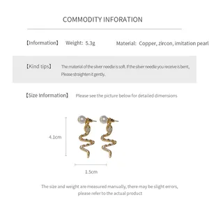 Size chart showing 4.1cm snake earrings with 14K gold plating and cubic zirconia details