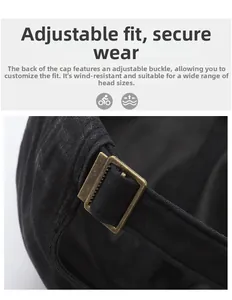 Detail of adjustable metal buckle and breathable fabric on black washed baseball cap