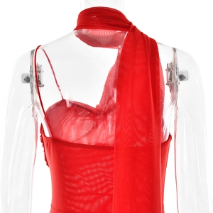 Détail de la robe en tulle rouge montrant le dos nu et les longs rubans de l'écharpe